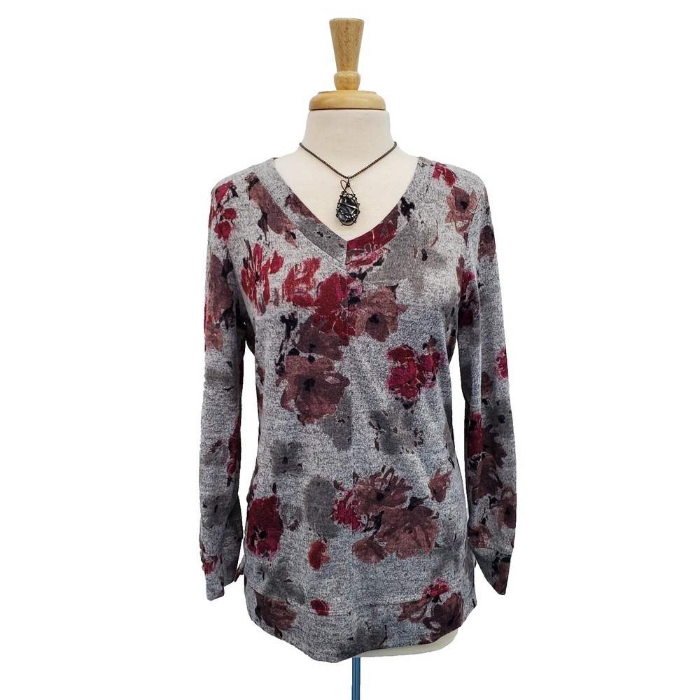 Ellen Tracy Romance Floral V-Neck Knit Pullover Top Long Sleeve Gray Pink L